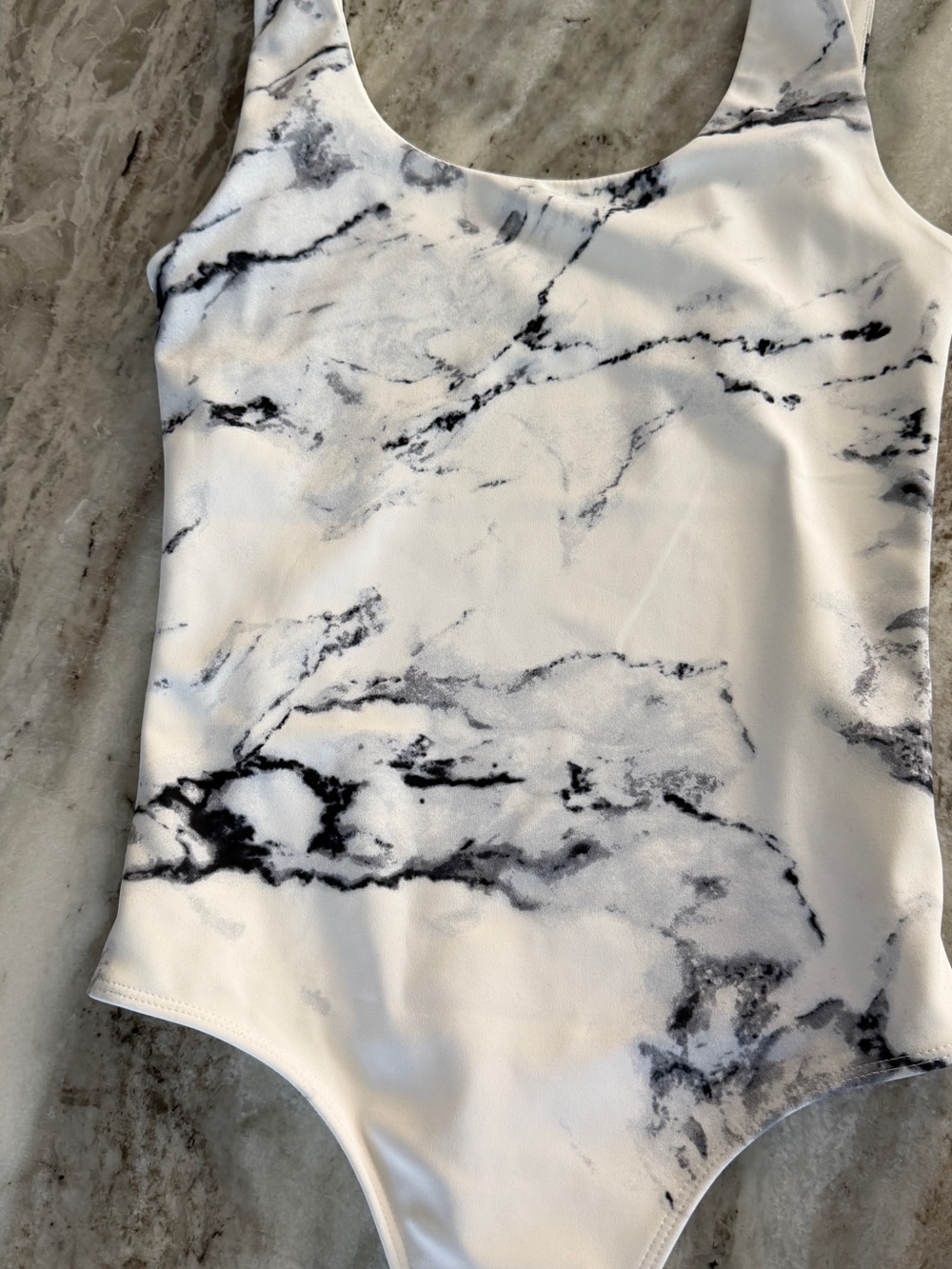 Express Marble-Print White & Black Scoop Neck Bodysuit